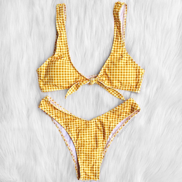 Daisys Boutique Swim Sale Yellow Gingham Knot Cheeky Bikini Set